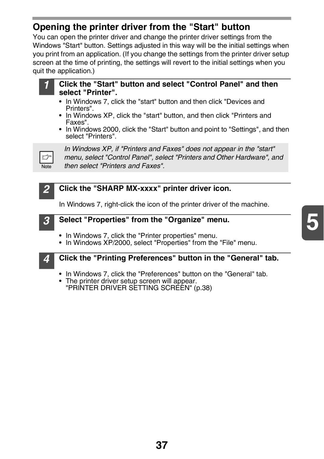 Sharp MX-B200 manual Opening the printer driver from the Start button, Click the Sharp MX-xxxx printer driver icon 