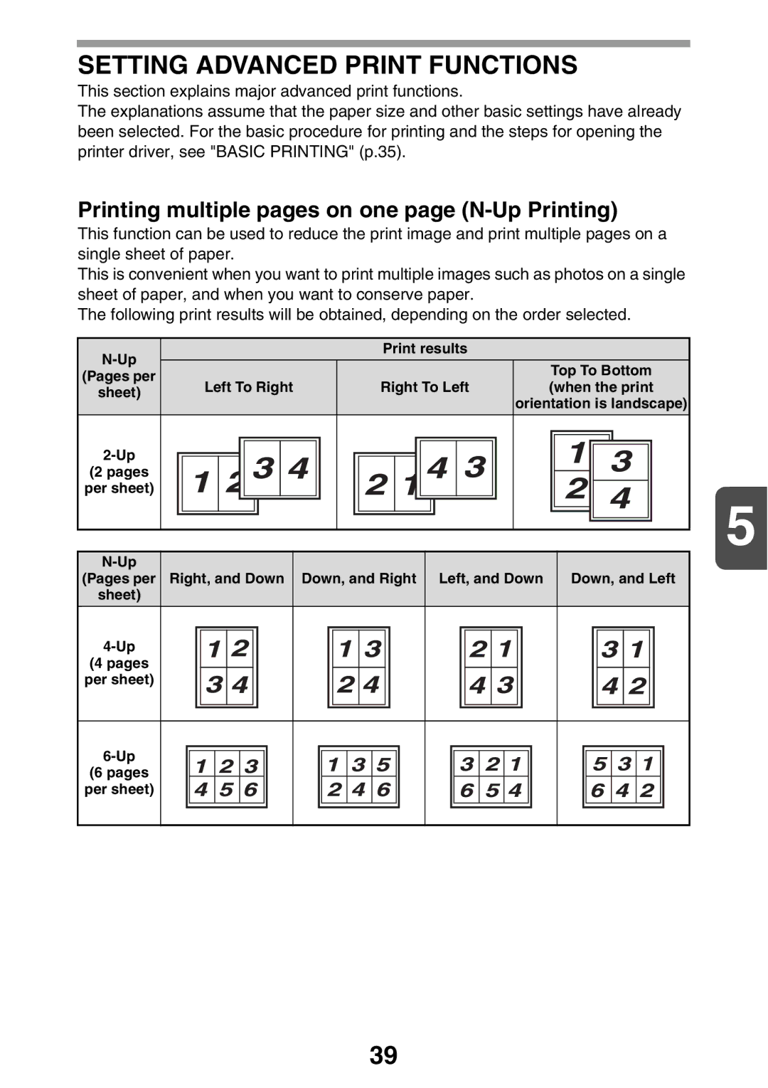 Sharp MX-B200 manual Setting Advanced Print Functions, Printing multiple pages on one page N-Up Printing, Print results 