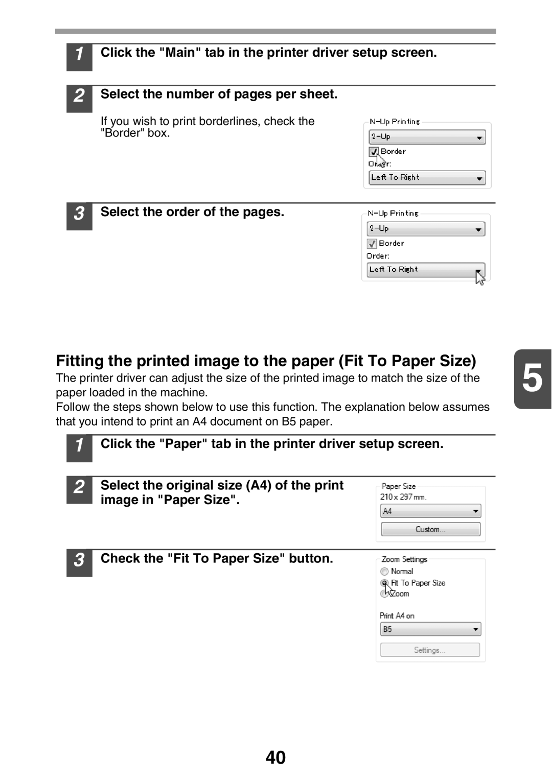 Sharp MX-B200 manual Fitting the printed image to the paper Fit To Paper Size, Select the order of the pages 