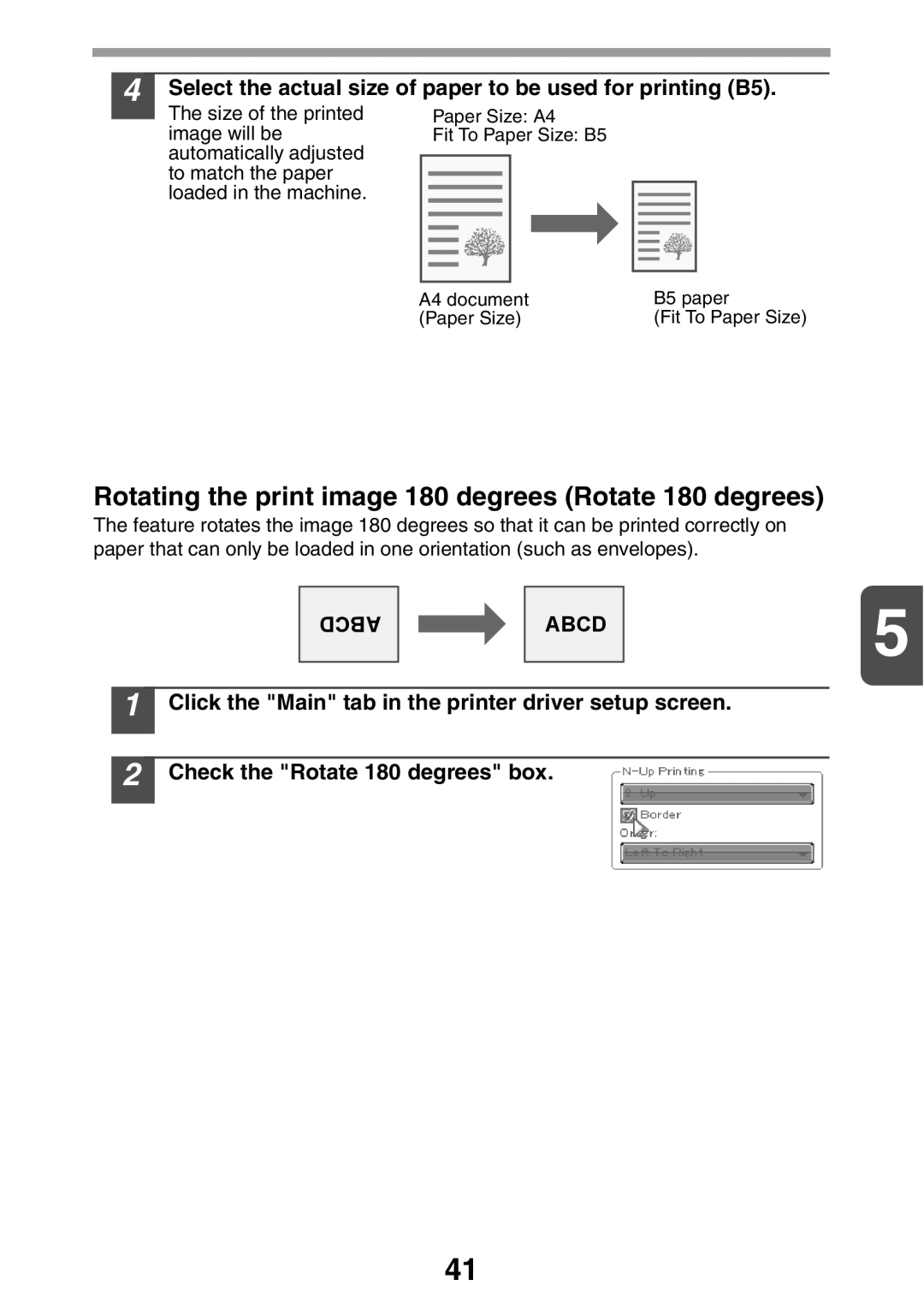 Sharp MX-B200 manual Rotating the print image 180 degrees Rotate 180 degrees, Check the Rotate 180 degrees box 