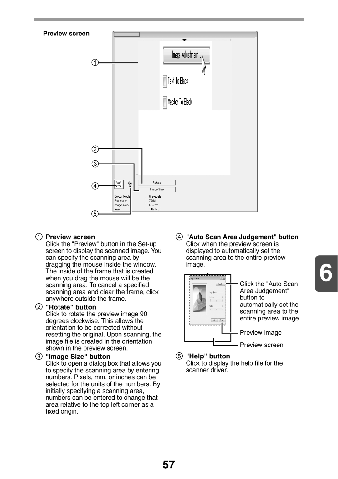 Sharp MX-B200 manual Preview screen, Rotate button, Image Size button 