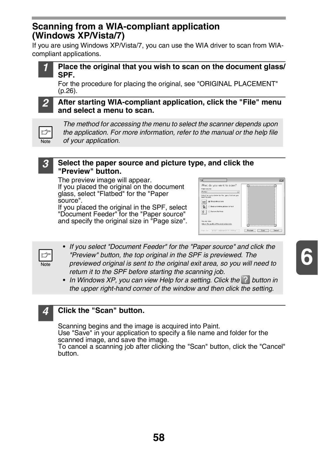 Sharp MX-B200 manual Scanning from a WIA-compliant application Windows XP/Vista/7, Click the Scan button 