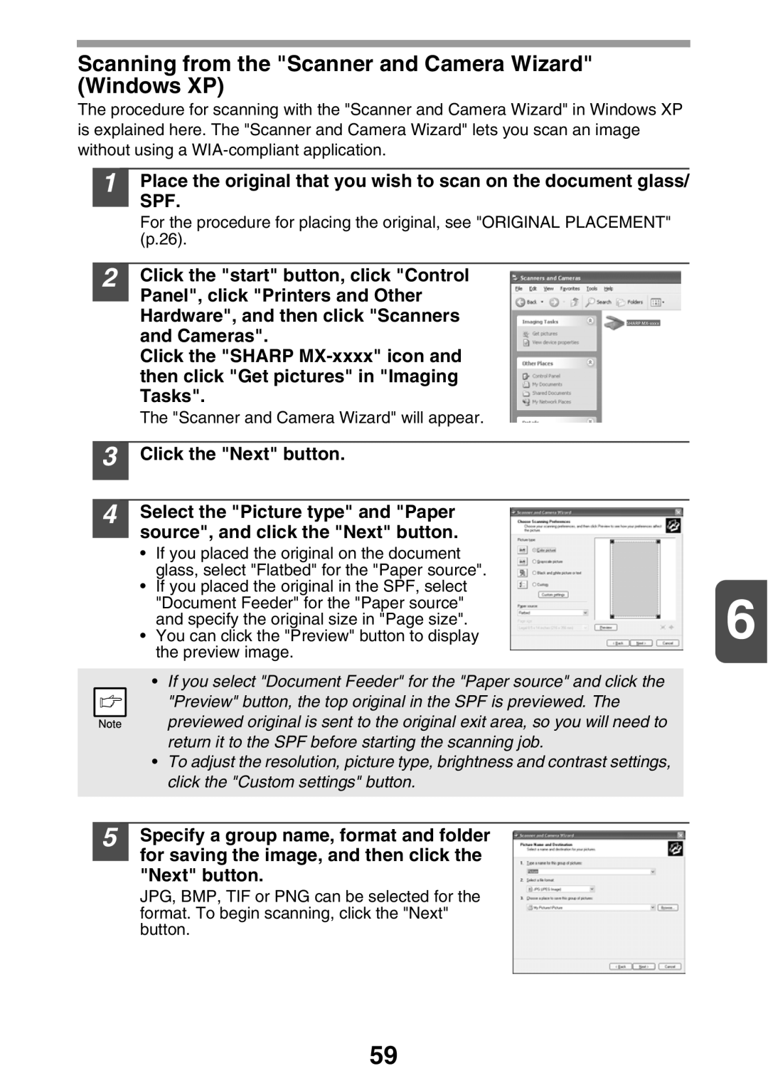 Sharp MX-B200 manual Scanning from the Scanner and Camera Wizard Windows XP 