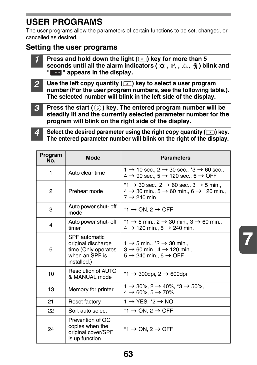 Sharp MX-B200 manual User Programs, Setting the user programs 