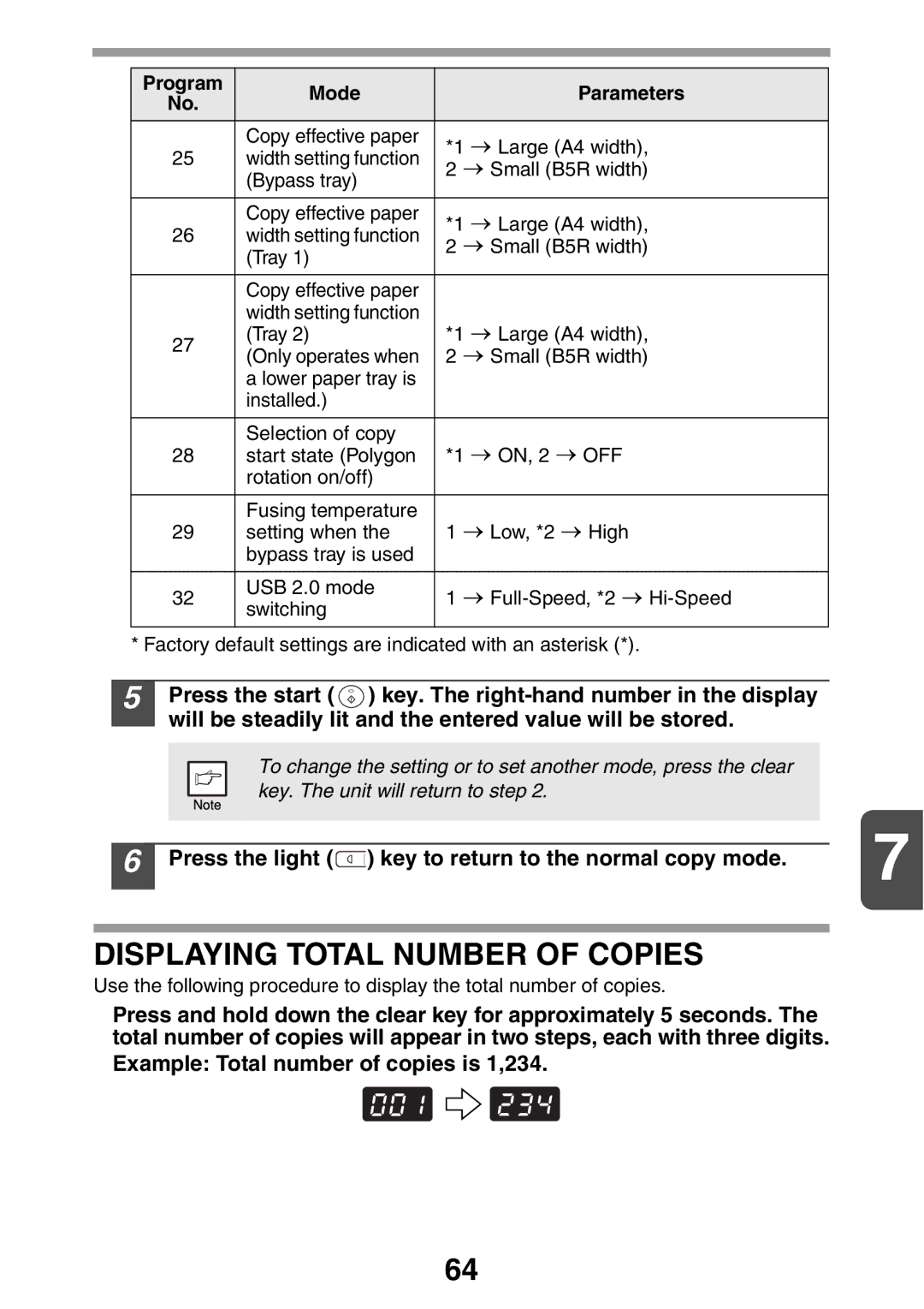 Sharp MX-B200 manual Displaying Total Number of Copies, Press the light key to return to the normal copy mode 