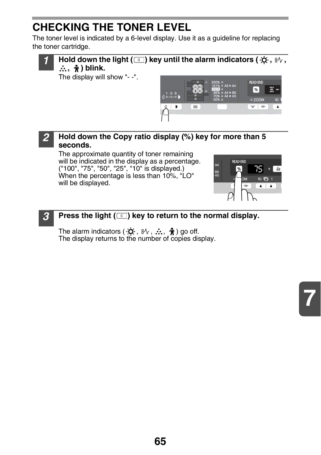 Sharp MX-B200 manual Checking the Toner Level, Press the light Key to return to the normal display 