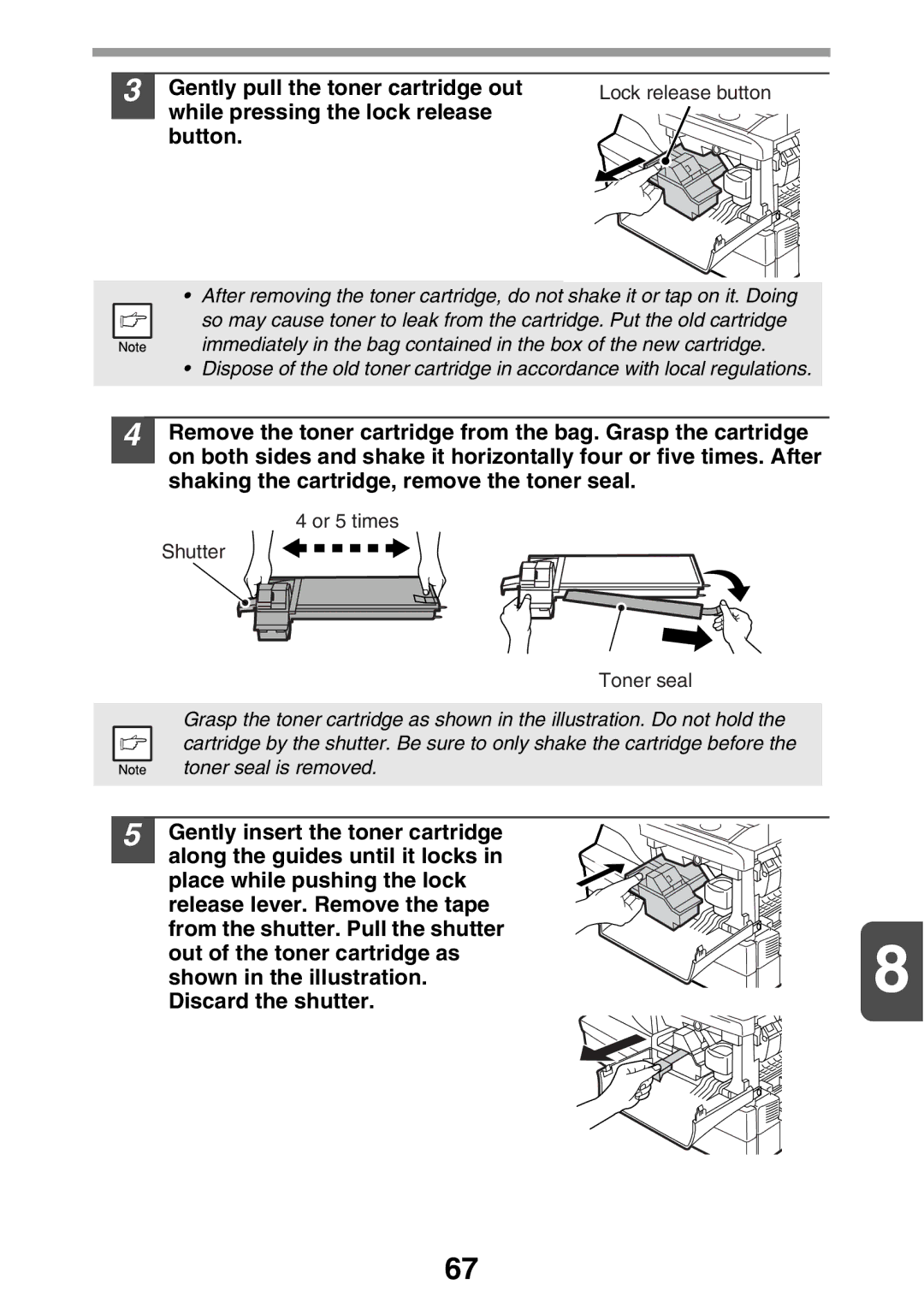 Sharp MX-B200 manual Gently pull the toner cartridge out, While pressing the lock release Button, Lock release button 