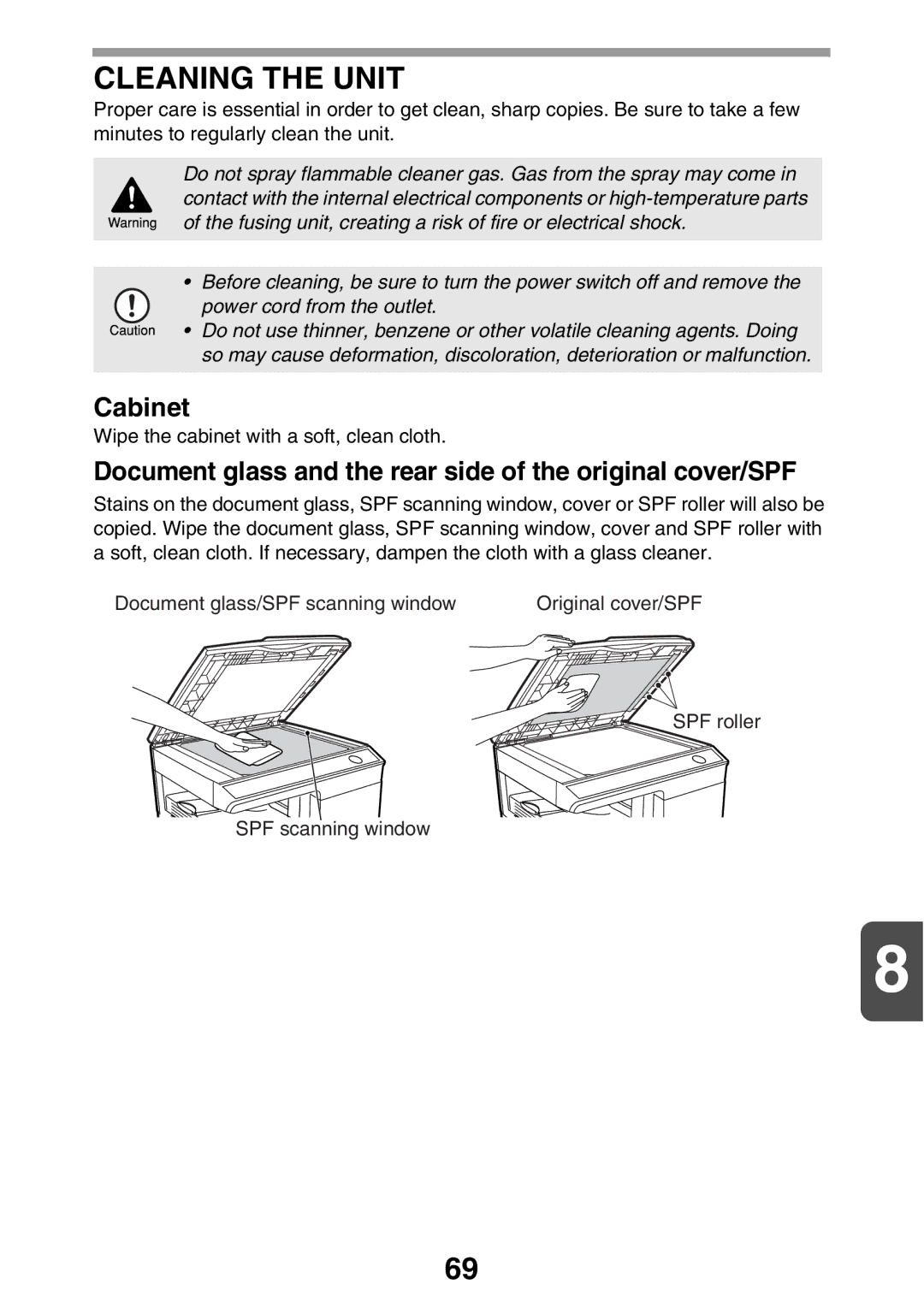 Sharp MX-B200 manual Cleaning the Unit, Cabinet, Document glass and the rear side of the original cover/SPF 