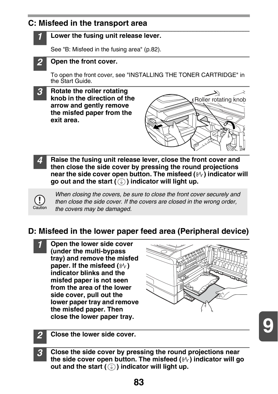 Sharp MX-B200 Misfeed in the transport area, Misfeed in the lower paper feed area Peripheral device, Open the front cover 