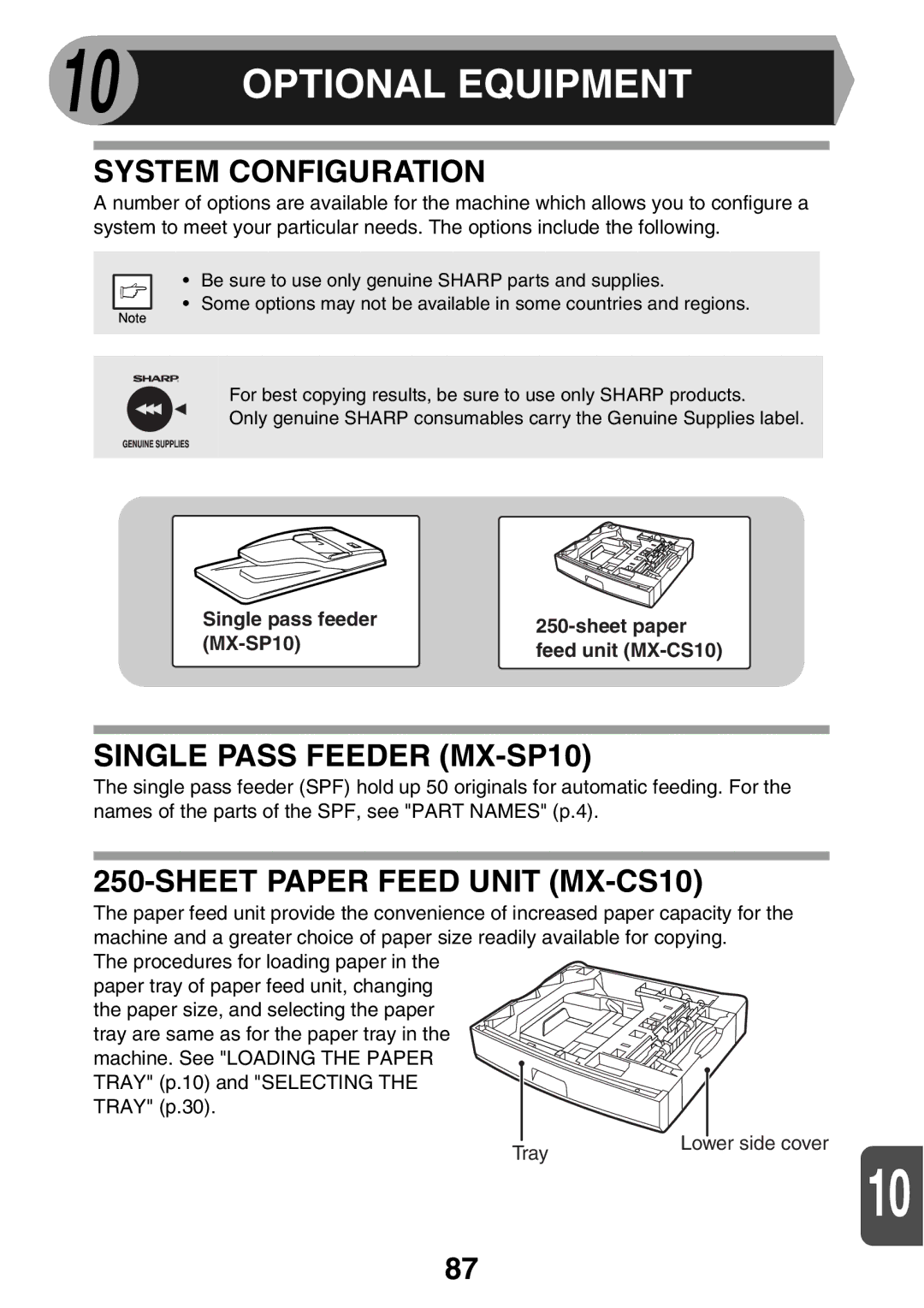 Sharp MX-B200 manual Optional Equipment, System Configuration, Single Pass Feeder MX-SP10, Sheet Paper Feed Unit MX-CS10 