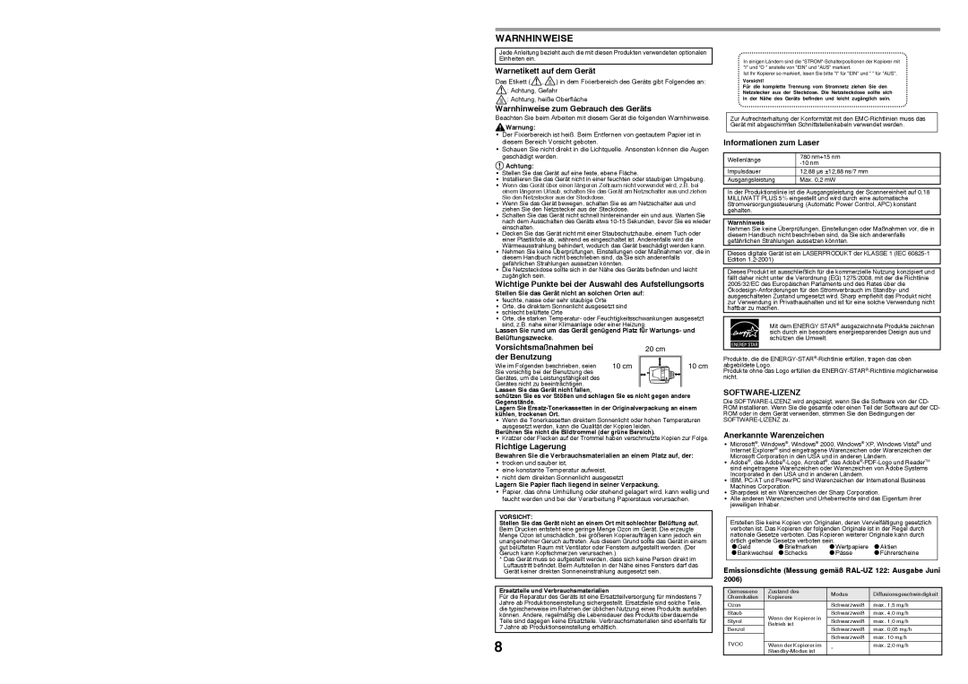 Sharp MX-B200 manual Warnhinweise, Software-Lizenz 