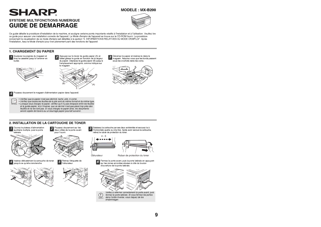 Sharp MX-B200 manual Chargement DU Papier, Installation DE LA Cartouche DE Toner, Obturateur Ruban de protection du toner 