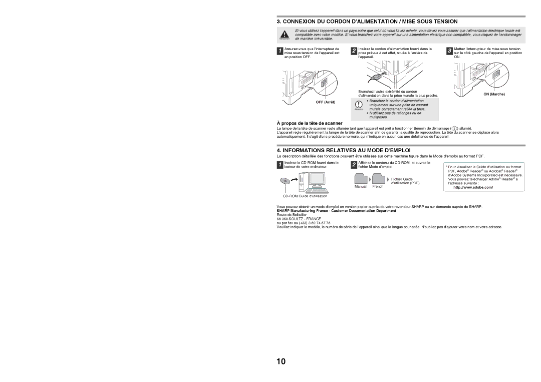 Sharp MX-B200 manual Connexion DU Cordon Dalimentation / Mise Sous Tension, Informations Relatives AU Mode Demploi 