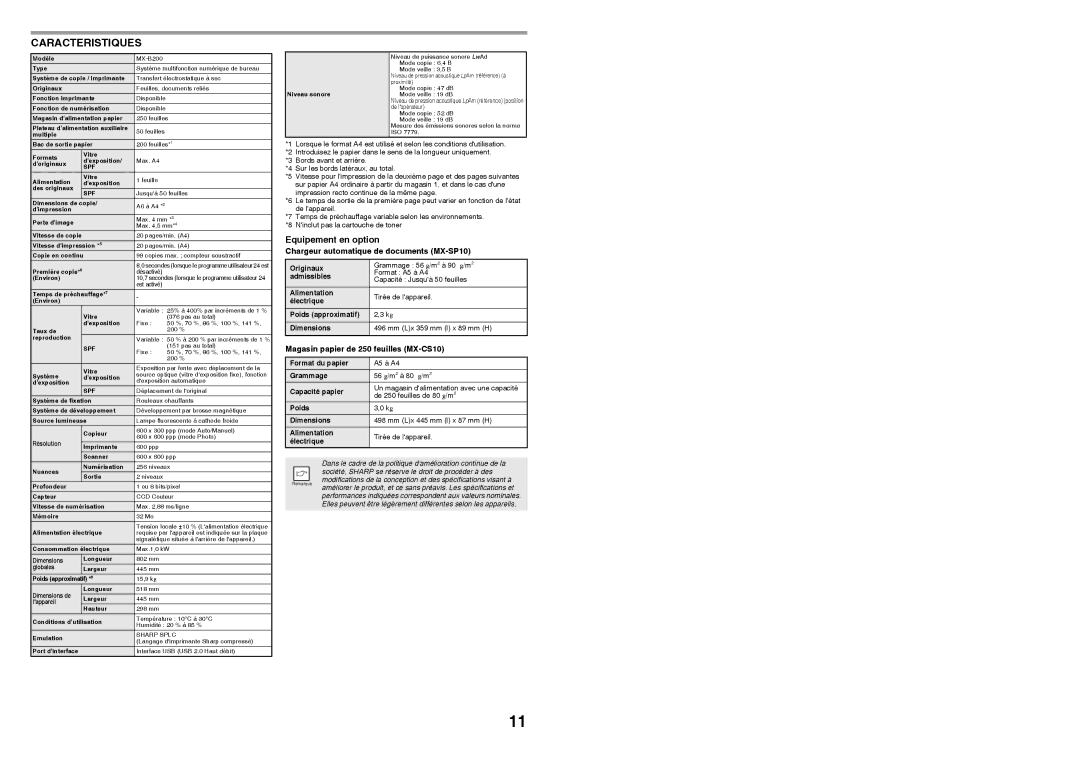 Sharp MX-B200 manual Caracteristiques, Equipement en option, Chargeur automatique de documents MX-SP10 