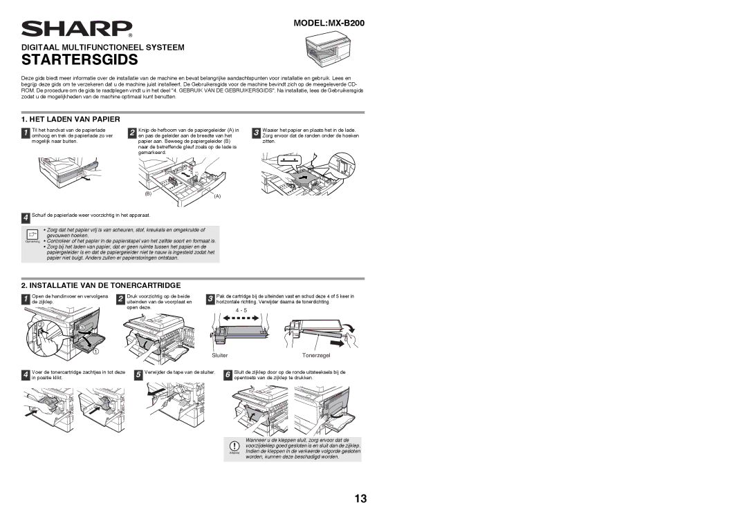 Sharp MX-B200 manual Sluiter Tonerzegel, Startersgids 