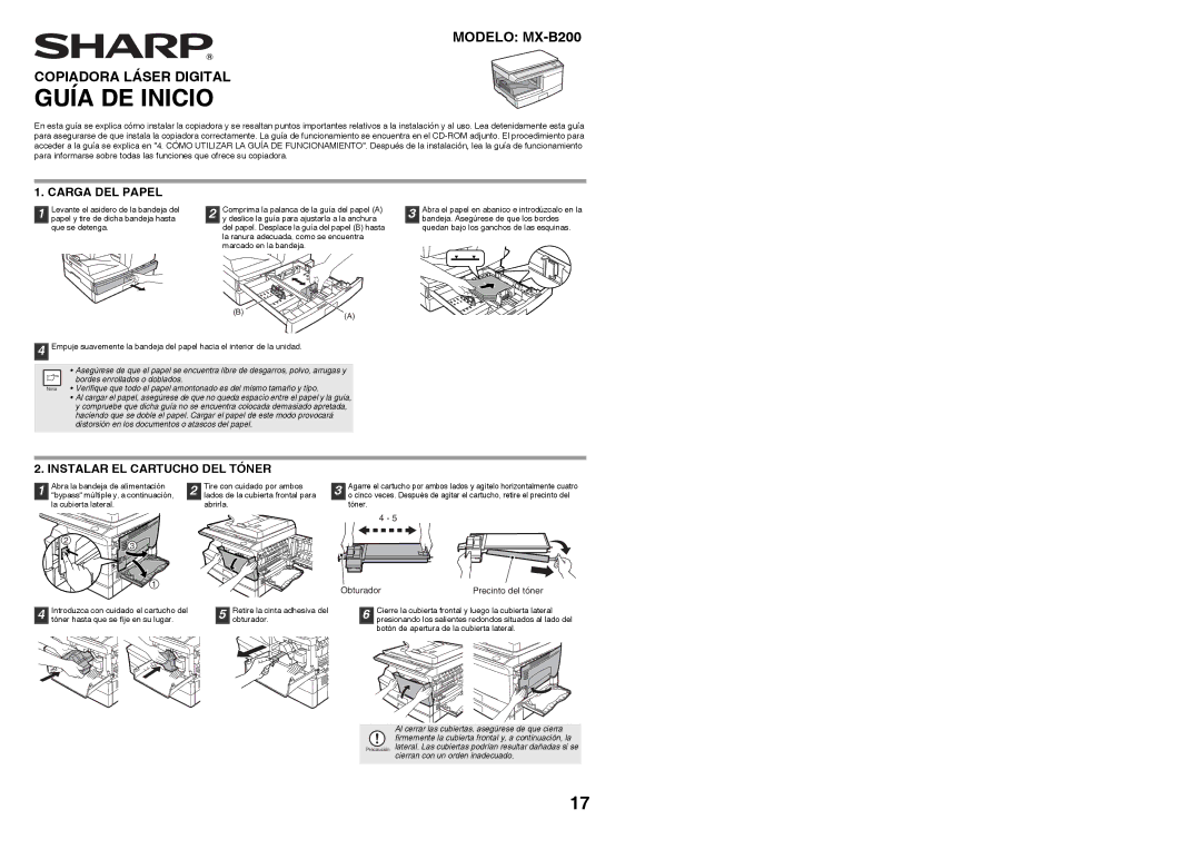 Sharp MX-B200 manual Instalar EL Cartucho DEL Tóner, Obturador Precinto del tóner 
