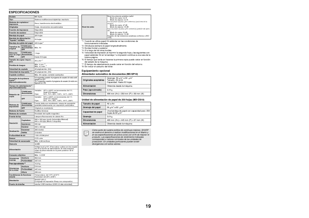 Sharp MX-B200 manual Especificaciones, Equipamiento opcional, Alimentador automático de documentos MX-SP10 