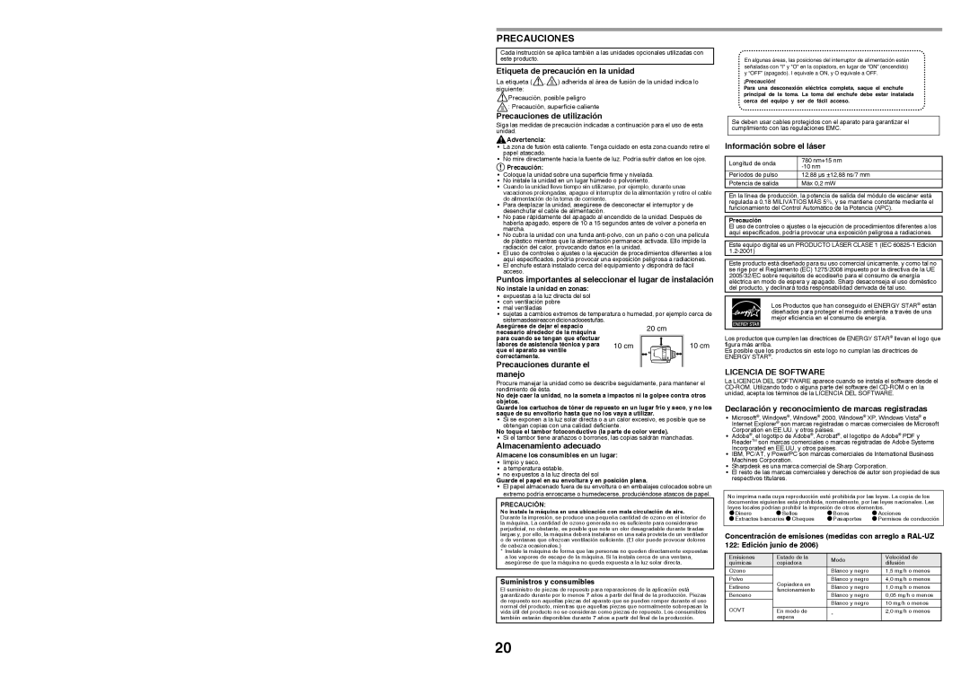 Sharp MX-B200 manual Precauciones, Licencia DE Software 