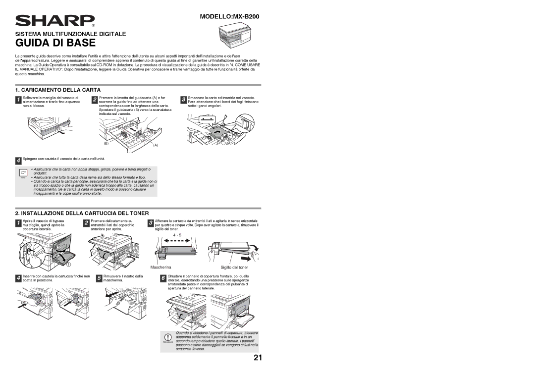 Sharp MX-B200 manual Caricamento Della Carta, Installazione Della Cartuccia DEL Toner, Mascherina Sigillo del toner 