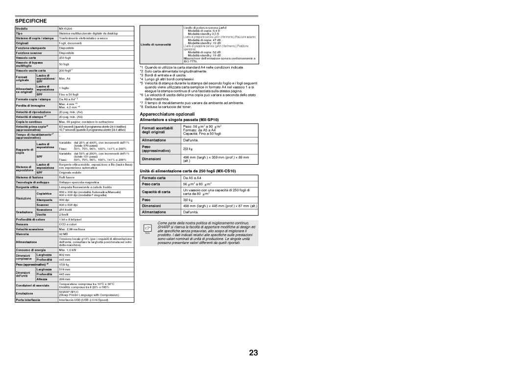 Sharp MX-B200 manual Specifiche, Apparecchiature opzionali, Alimentatore a singola passata MX-SP10 