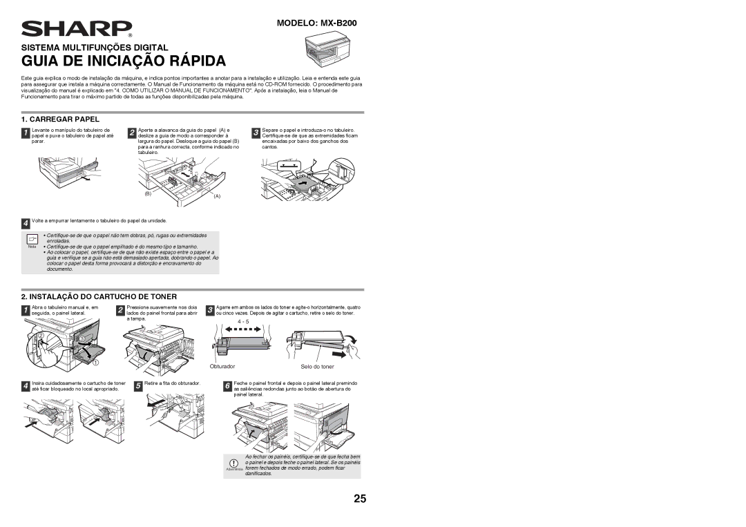 Sharp MX-B200 manual Carregar Papel, Instalação do Cartucho DE Toner, Obturador Selo do toner 