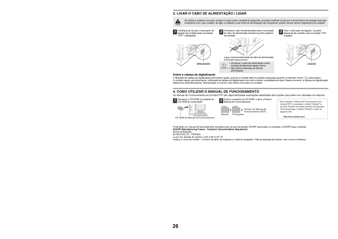 Sharp MX-B200 manual Ligar O Cabo DE Alimentação / Ligar, Como Utilizar O Manual DE Funcionamento, Desligado, Ligado 