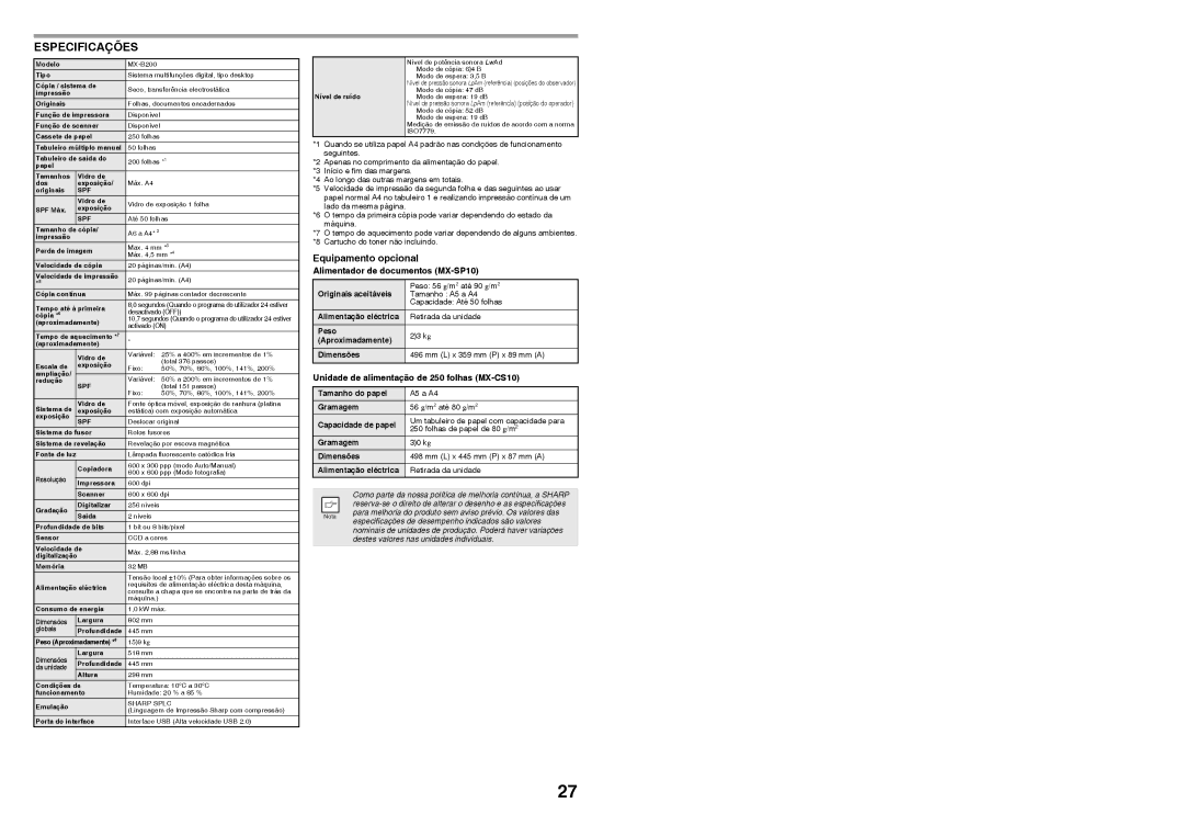 Sharp MX-B200 manual Especificações, Equipamento opcional, Alimentador de documentos MX-SP10 