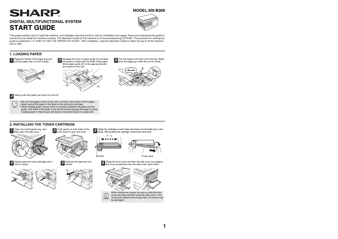 Sharp MX-B200 manual Loading Paper, Installing the Toner Cartridge, Shutter Toner seal 