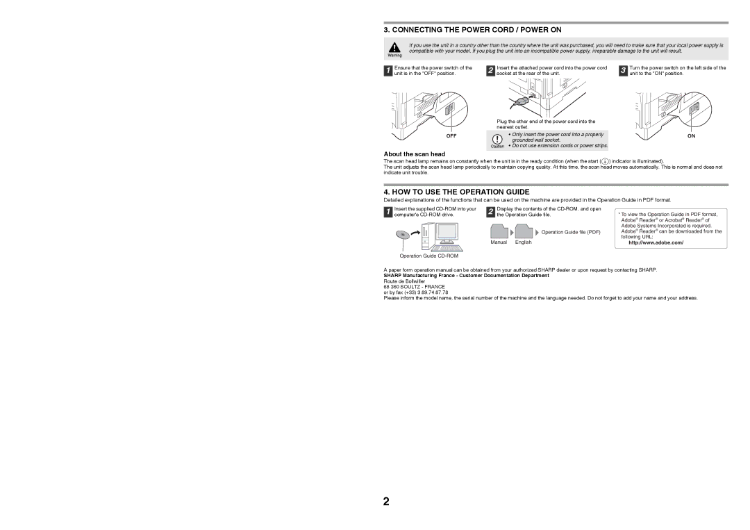 Sharp MX-B200 manual Connecting the Power Cord / Power on, HOW to USE the Operation Guide, About the scan head, Off 