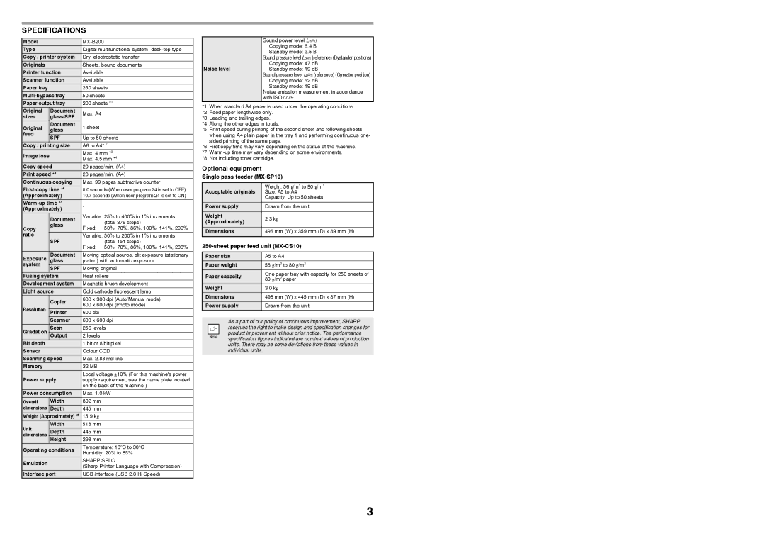 Sharp MX-B200 manual Specifications, Optional equipment, Single pass feeder MX-SP10, Sheet paper feed unit MX-CS10 