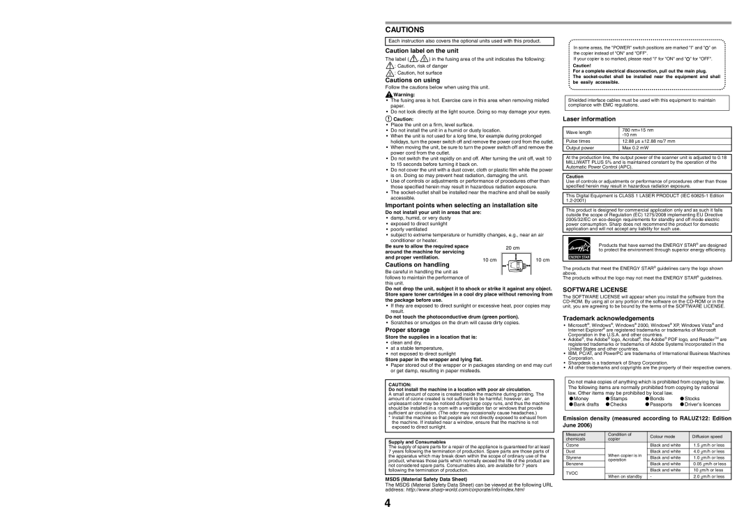 Sharp MX-B200 Important points when selecting an installation site, Proper storage, Laser information, Software License 