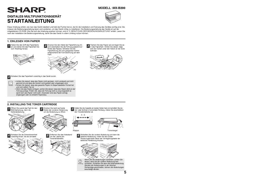 Sharp MX-B200 manual Einlegen VON Papier, Klappe Tonersiegel 