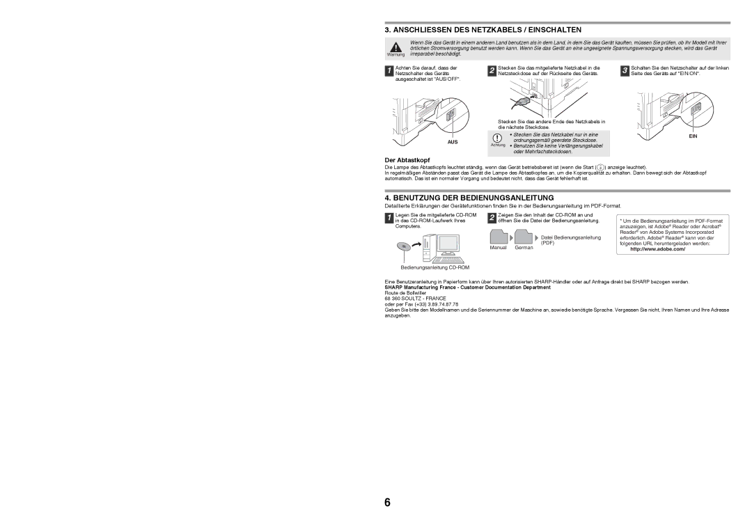 Sharp MX-B200 manual Anschliessen DES Netzkabels / Einschalten, Benutzung DER Bedienungsanleitung, Der Abtastkopf, Aus 