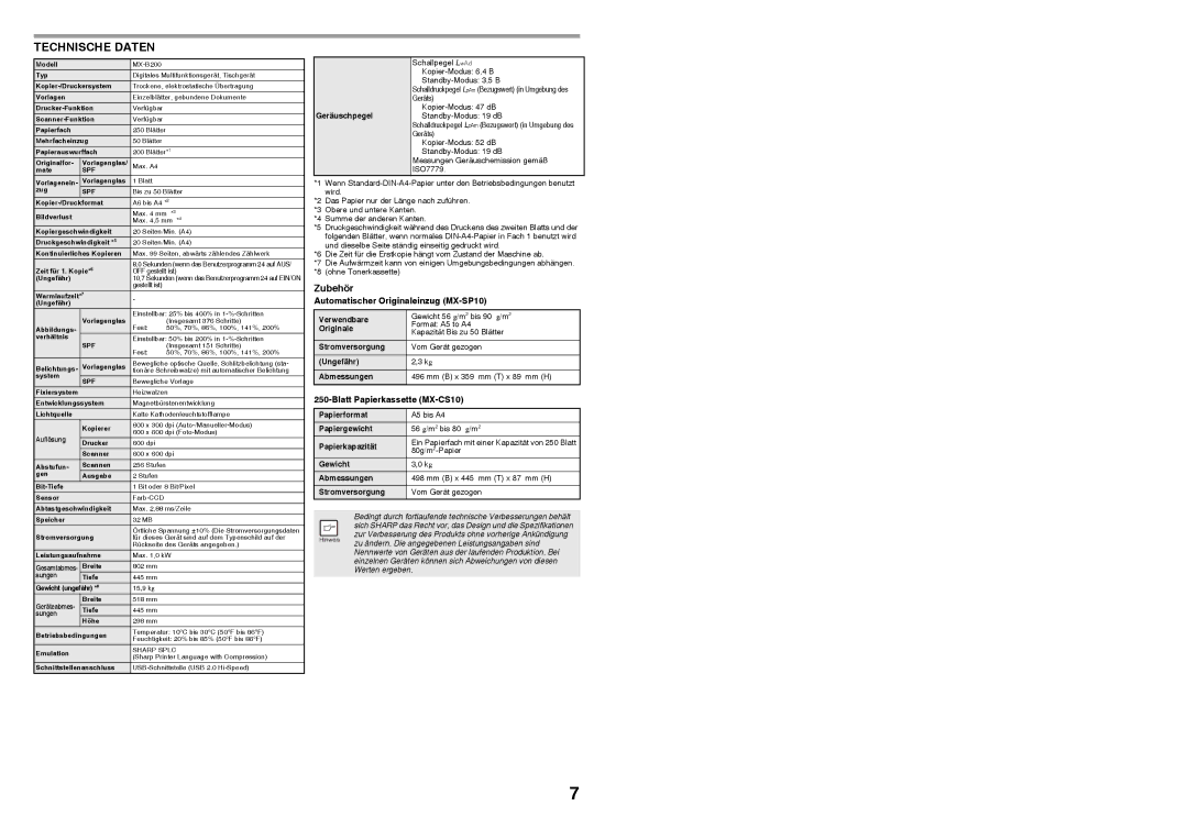 Sharp MX-B200 manual Technische Daten, Zubehör, Automatischer Originaleinzug MX-SP10, Blatt Papierkassette MX-CS10 