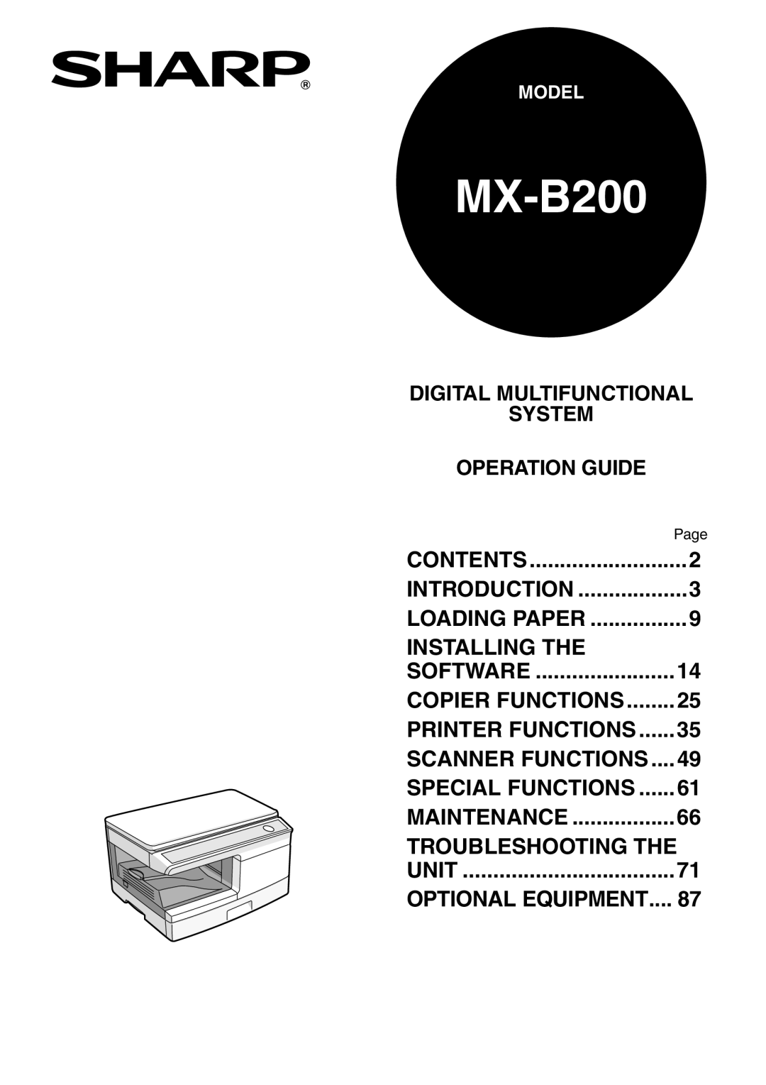 Sharp MX-B200 manual Installing The, Software, Maintenance, Troubleshooting The, Unit, Contents, Introduction 