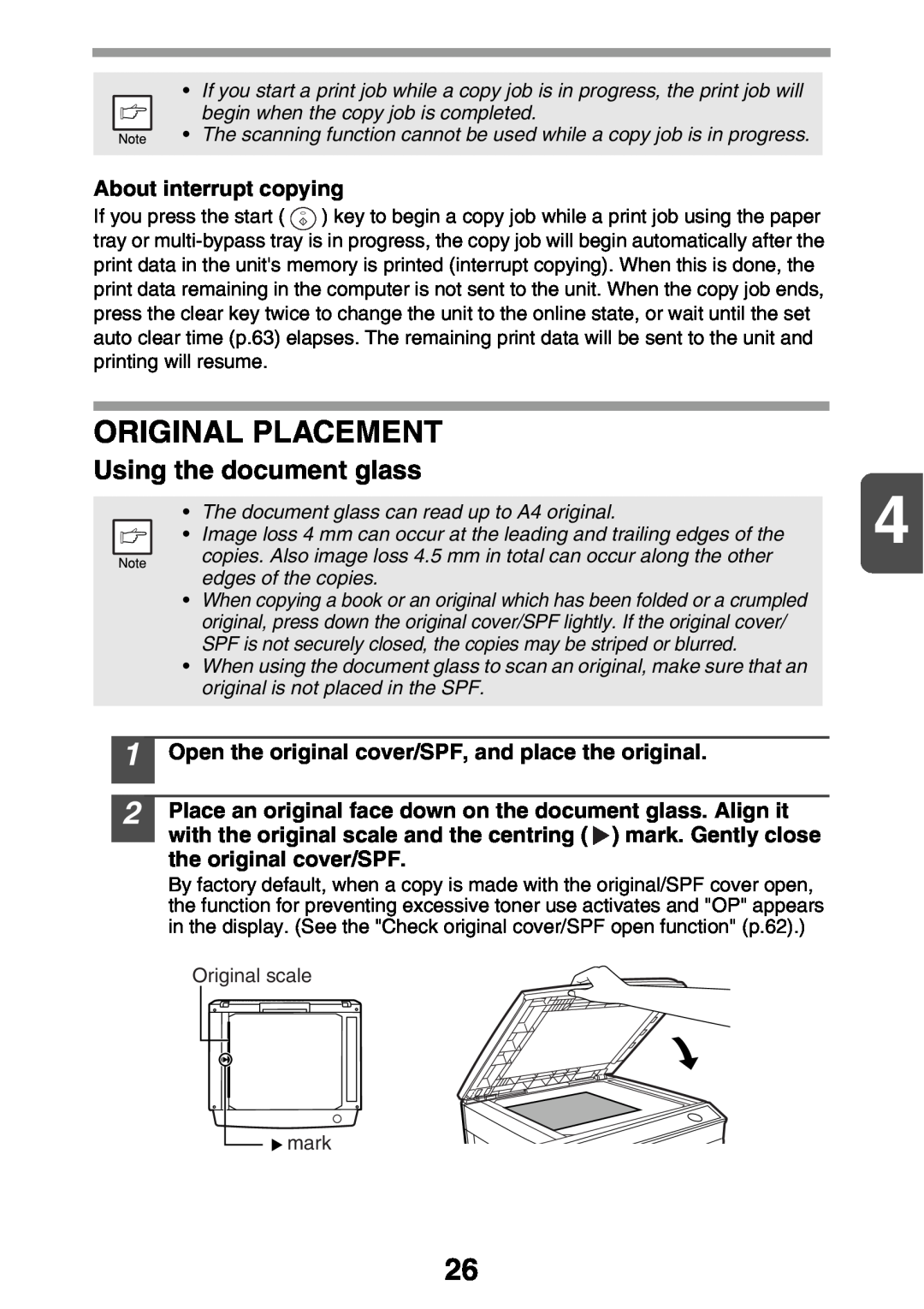 Sharp MX-B200 manual Original Placement, Using the document glass, About interrupt copying 