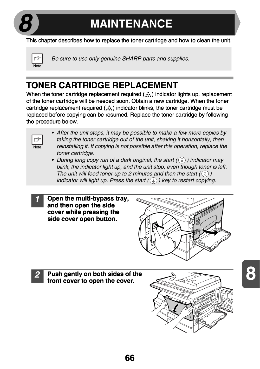 Sharp MX-B200 Maintenance, Toner Cartridge Replacement, Push gently on both sides of the, front cover to open the cover 