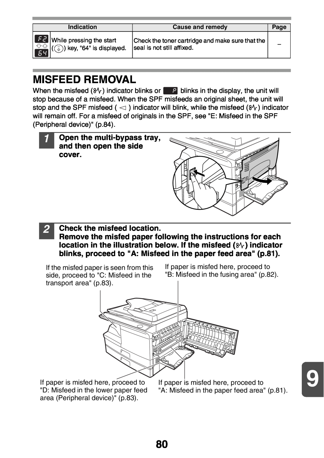 Sharp MX-B200 manual Misfeed Removal, Open the multi-bypass tray, and then open the side cover, Check the misfeed location 
