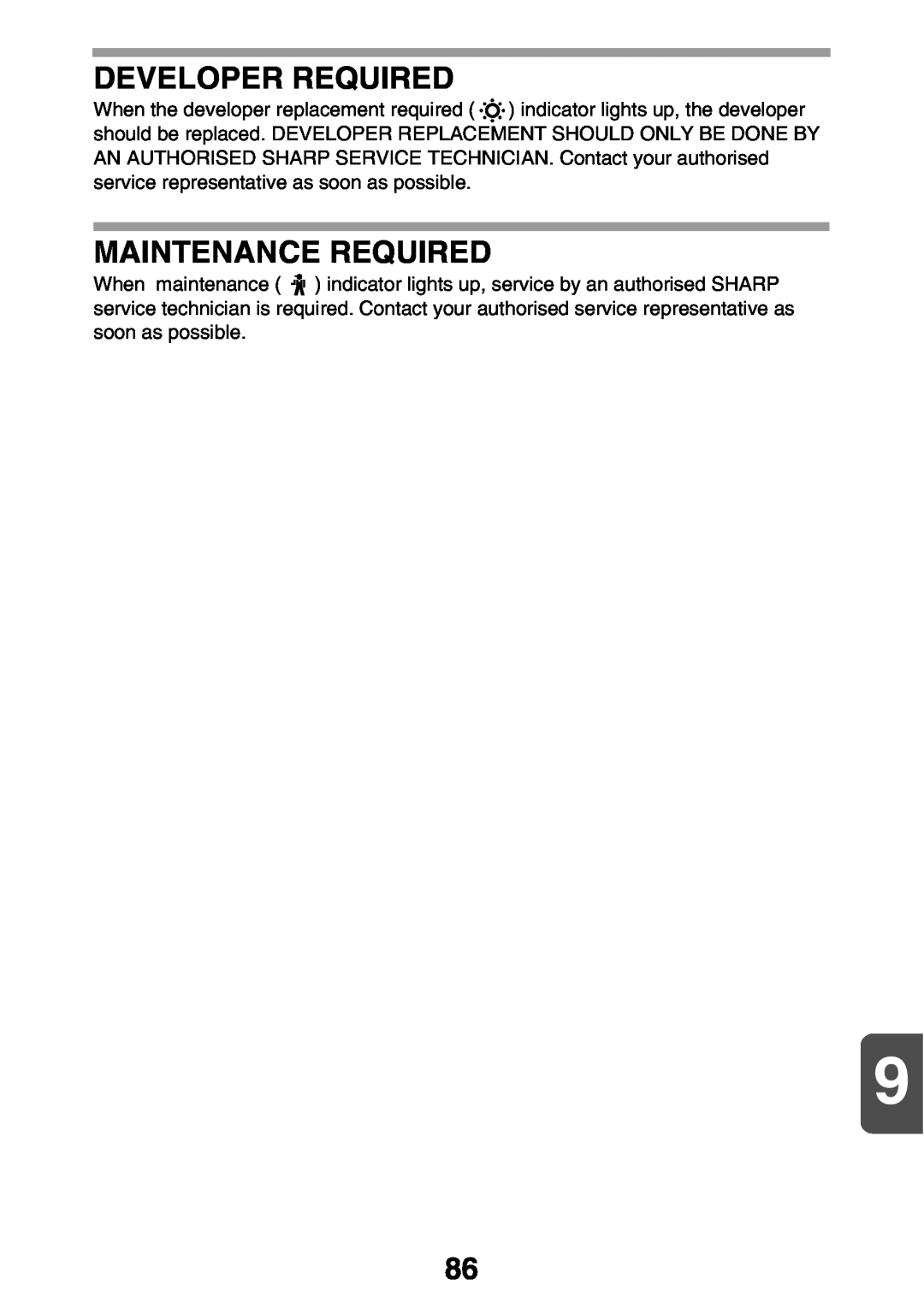 Sharp MX-B200 manual Developer Required, Maintenance Required 