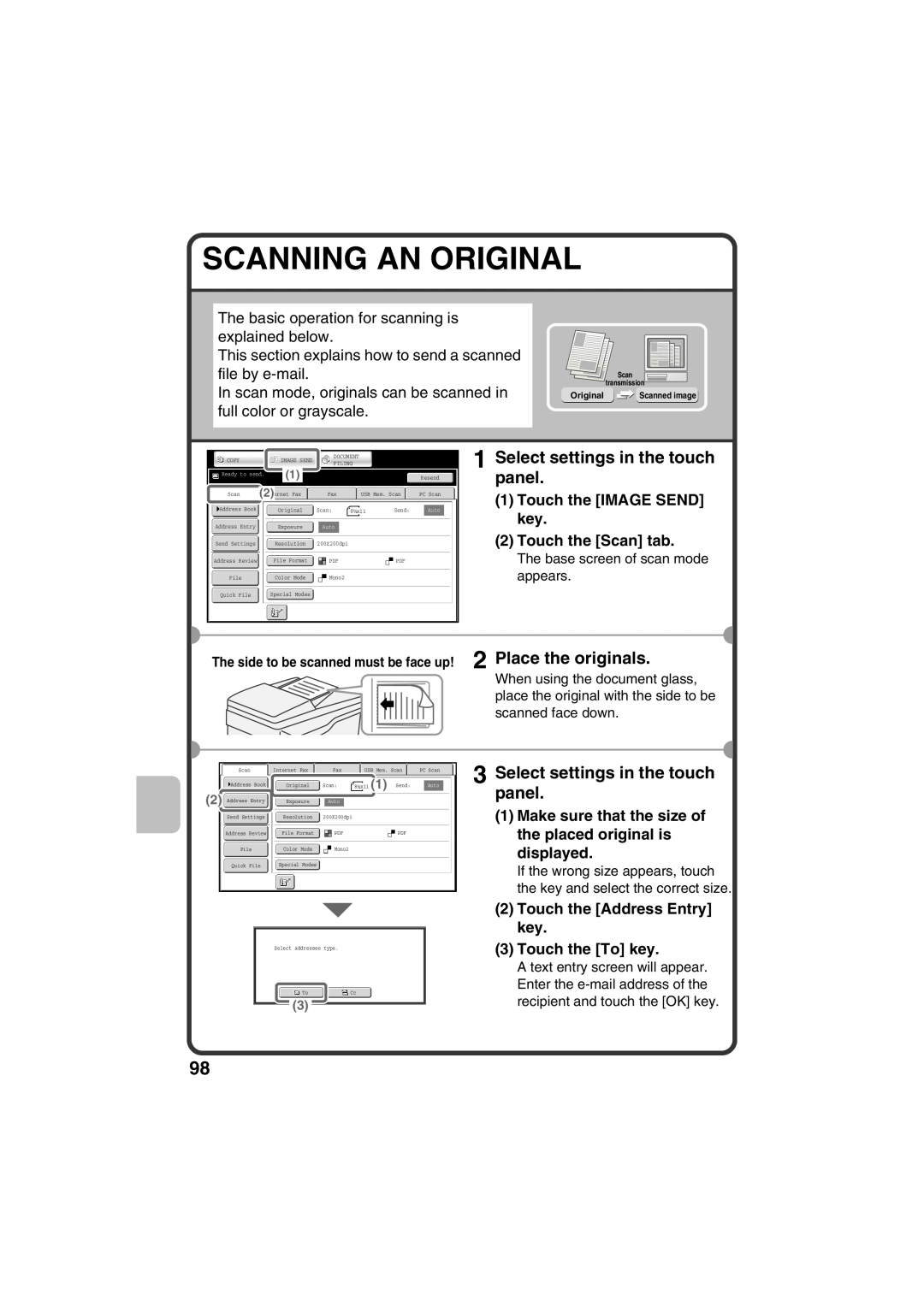 Sharp MX-B401 Scanning An Original, Select settings in the touch panel, Touch the IMAGE SEND key 2 Touch the Scan tab 