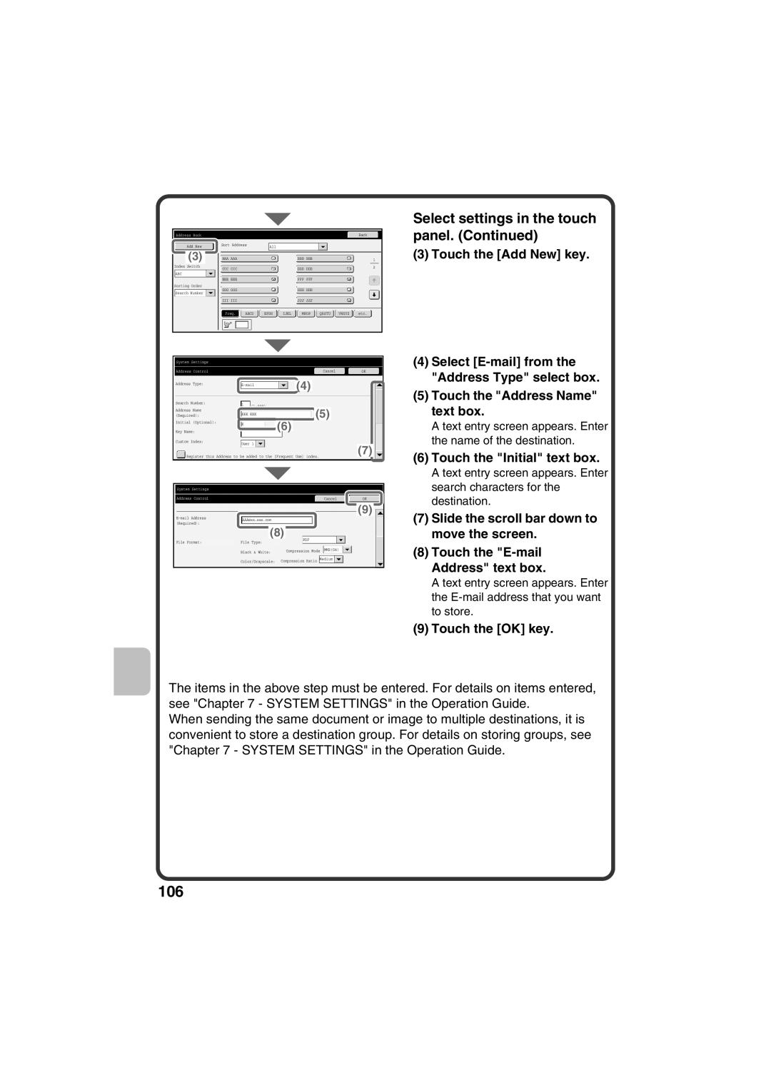 Sharp MX-B401 Select E-mail from the Address Type select box, Touch the E-mail Address text box, Touch the Add New key 