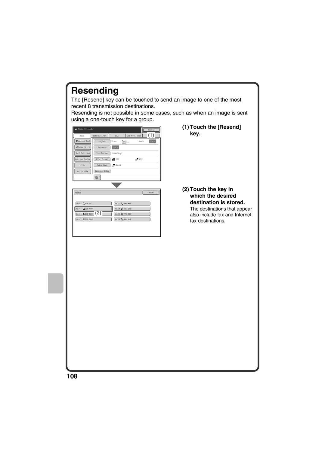 Sharp MX-B401, TINSE4377FCZZ Touch the Resend key, Resending, Touch the key in which the desired destination is stored 