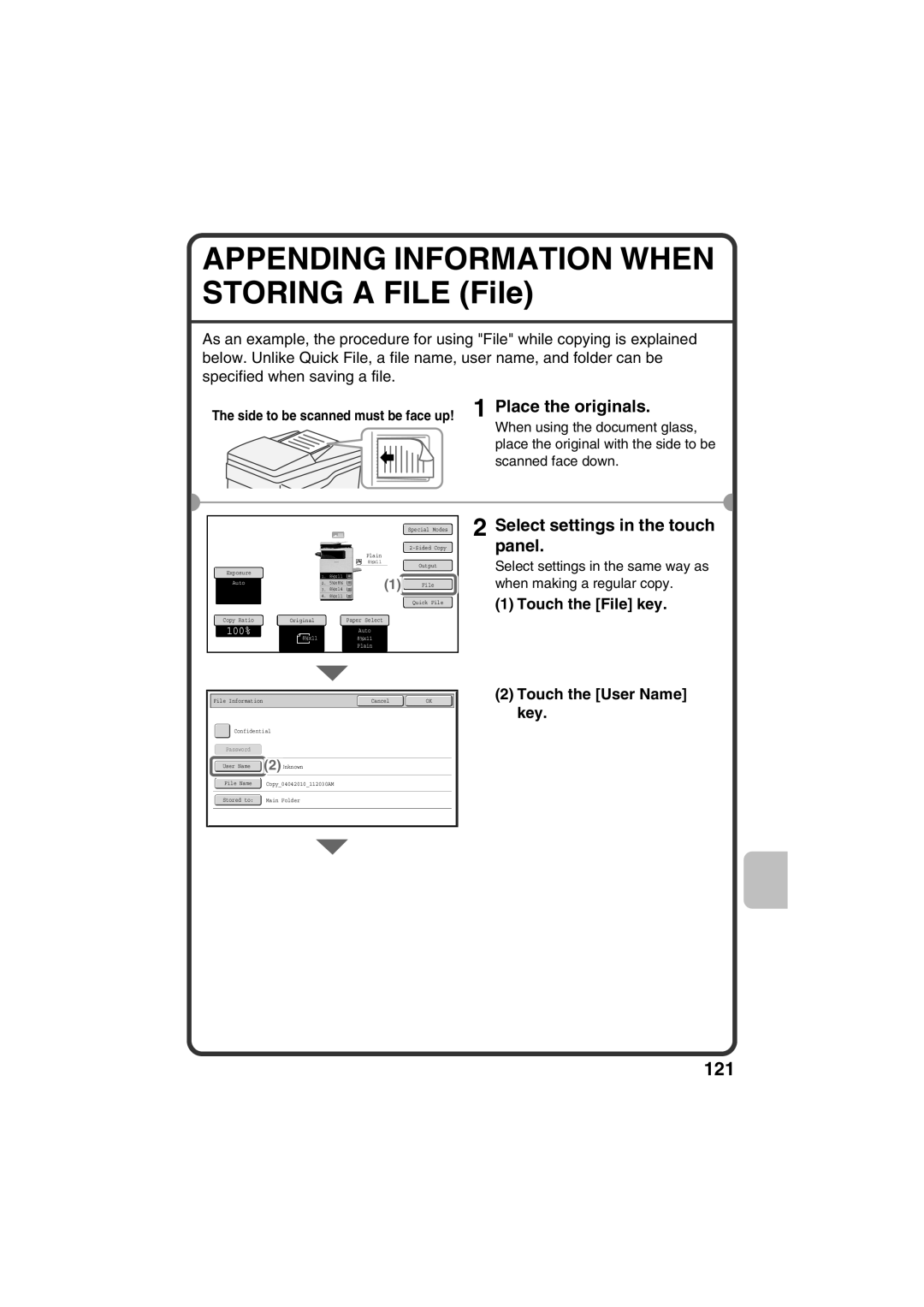 Sharp TINSE4377FCZZ APPENDING INFORMATION WHEN STORING A FILE File, Touch the File key, Touch the User Name key, 100% 