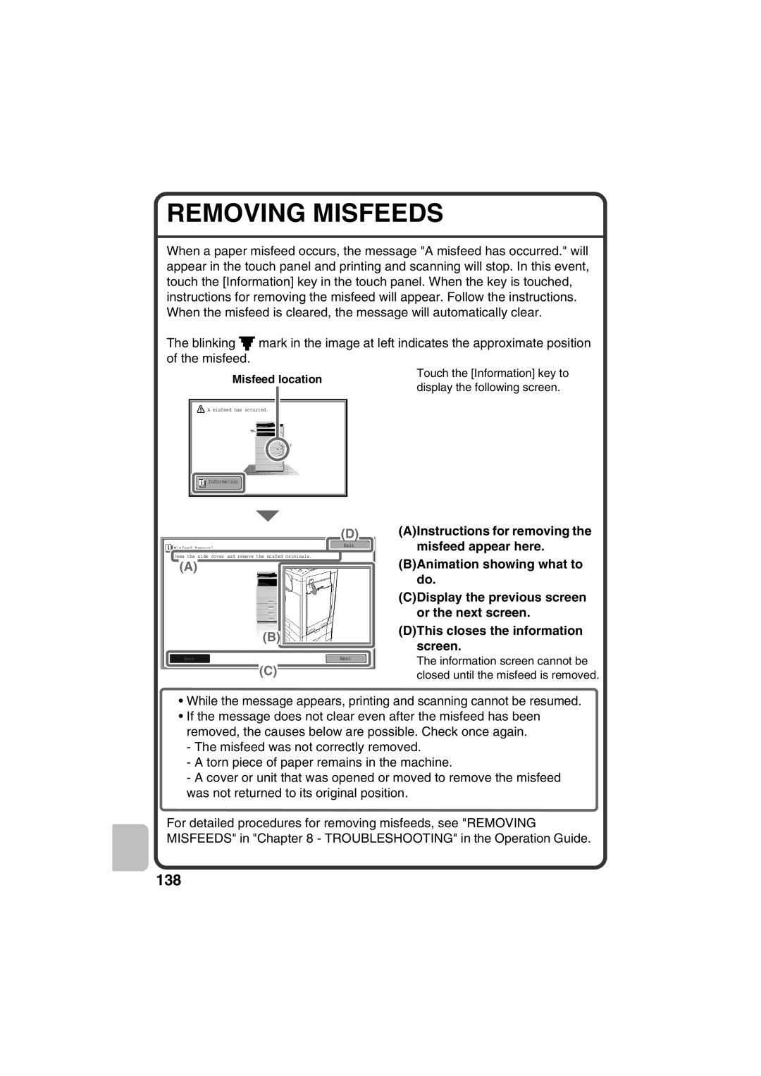 Sharp MX-B401 Removing Misfeeds, AInstructions for removing the, misfeed appear here, BAnimation showing what to do 
