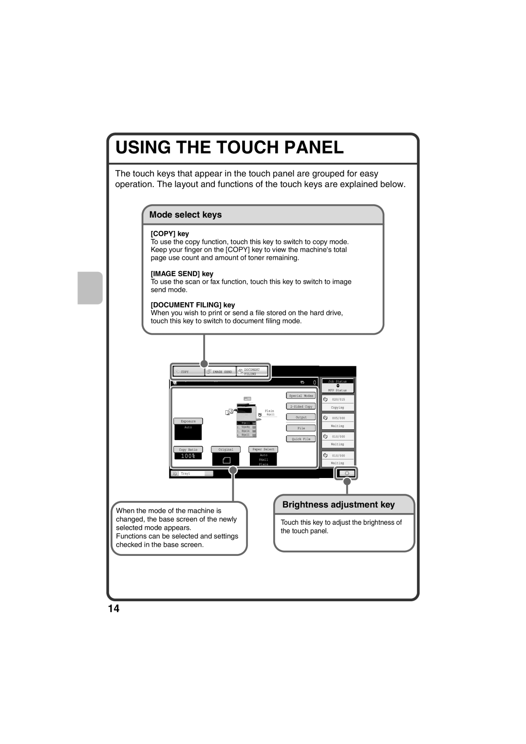 Sharp MX-B401 Using The Touch Panel, Mode select keys, Brightness adjustment key, COPY key, IMAGE SEND key, 100% 