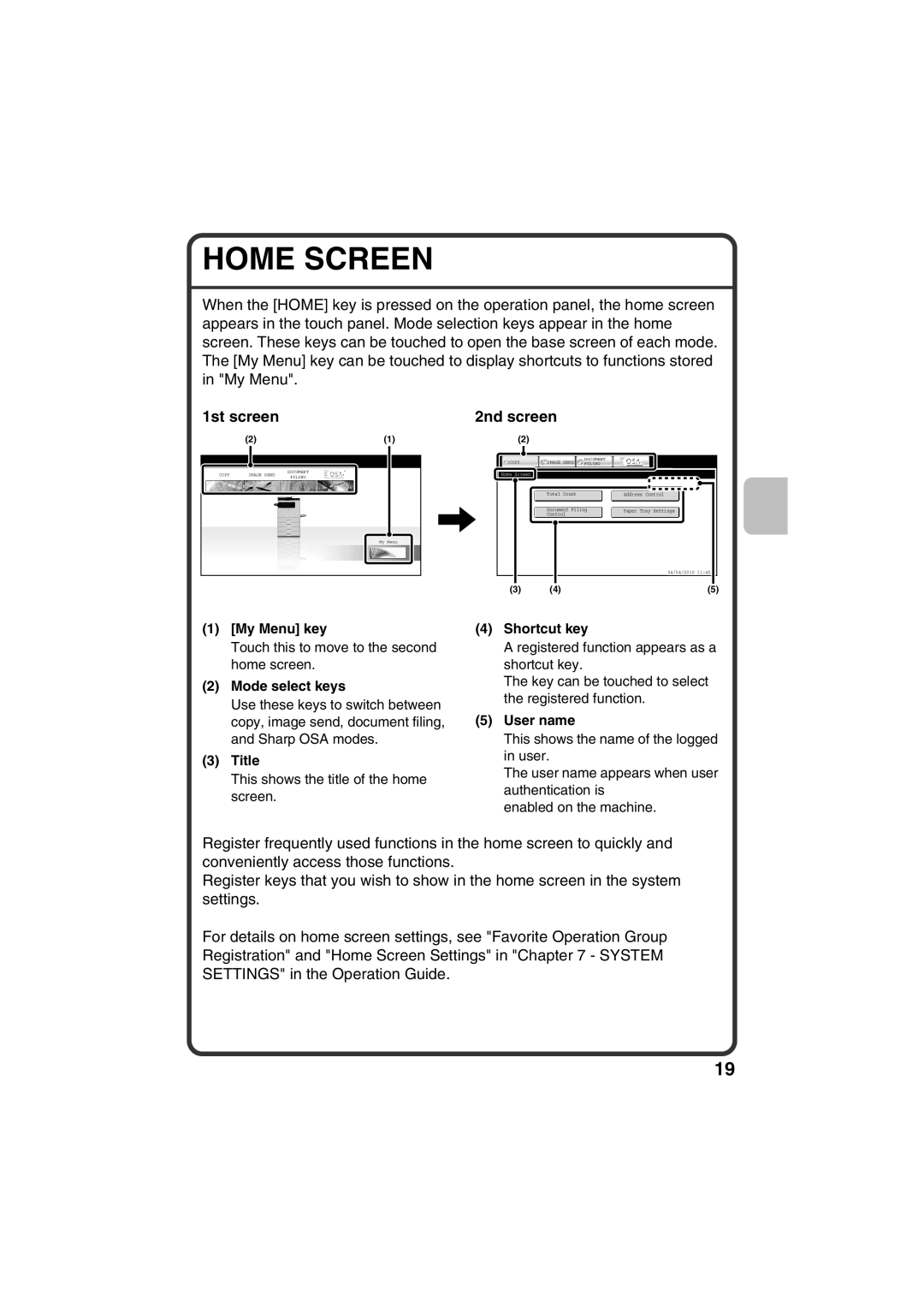 Sharp TINSE4377FCZZ, MX-B401 quick start Home Screen, 1st screen, 2nd screen 
