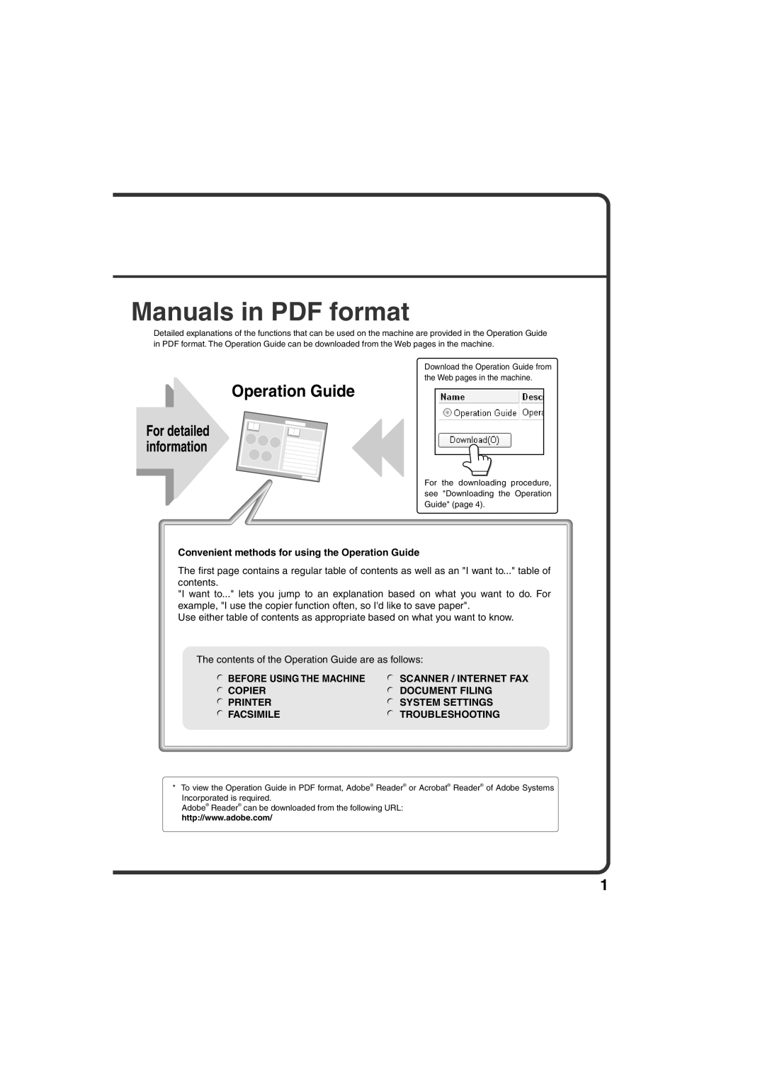 Sharp TINSE4377FCZZ Manuals in PDF format, Convenient methods for using the Operation Guide, Before Using The Machine 