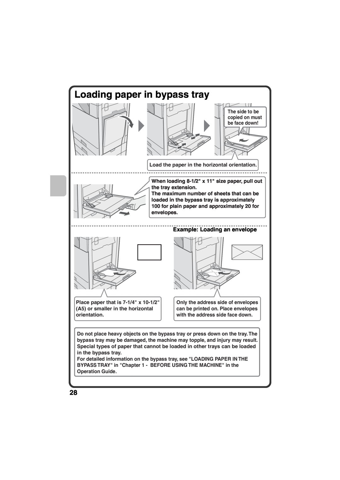 Sharp MX-B401, TINSE4377FCZZ quick start Loading paper in bypass tray, Example Loading an envelope 