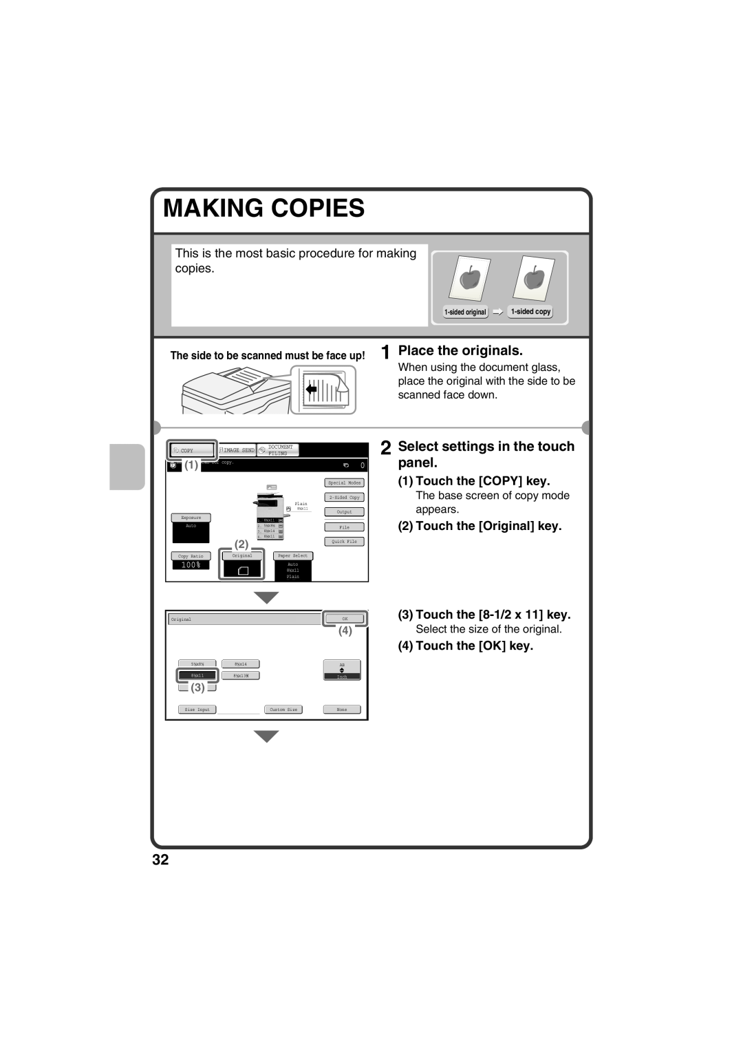 Sharp MX-B401 Making Copies, Select settings in the touch panel, Touch the COPY key, Touch the Original key, 100%, Copy 