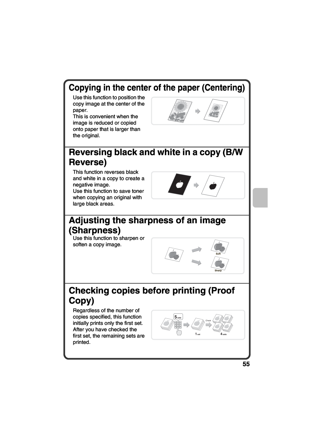 Sharp TINSE4377FCZZ Reversing black and white in a copy B/W Reverse, Adjusting the sharpness of an image Sharpness 